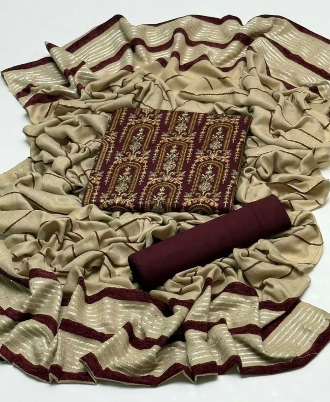 3pc Marina Sequence Embroided Broshia Shawl Dress