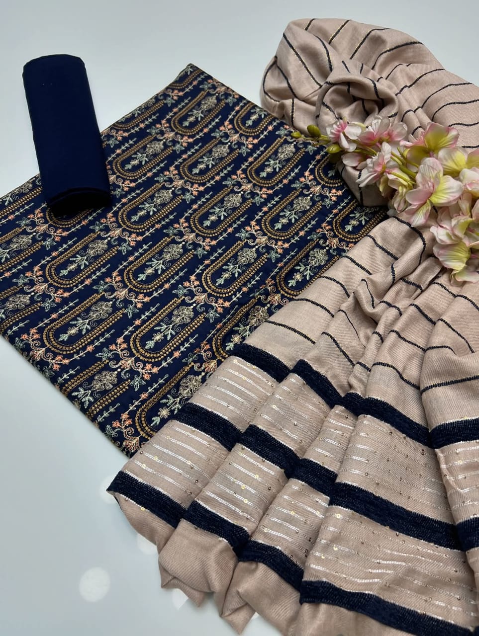 3pc Marina Sequence Embroided Broshia Shawl Dress
